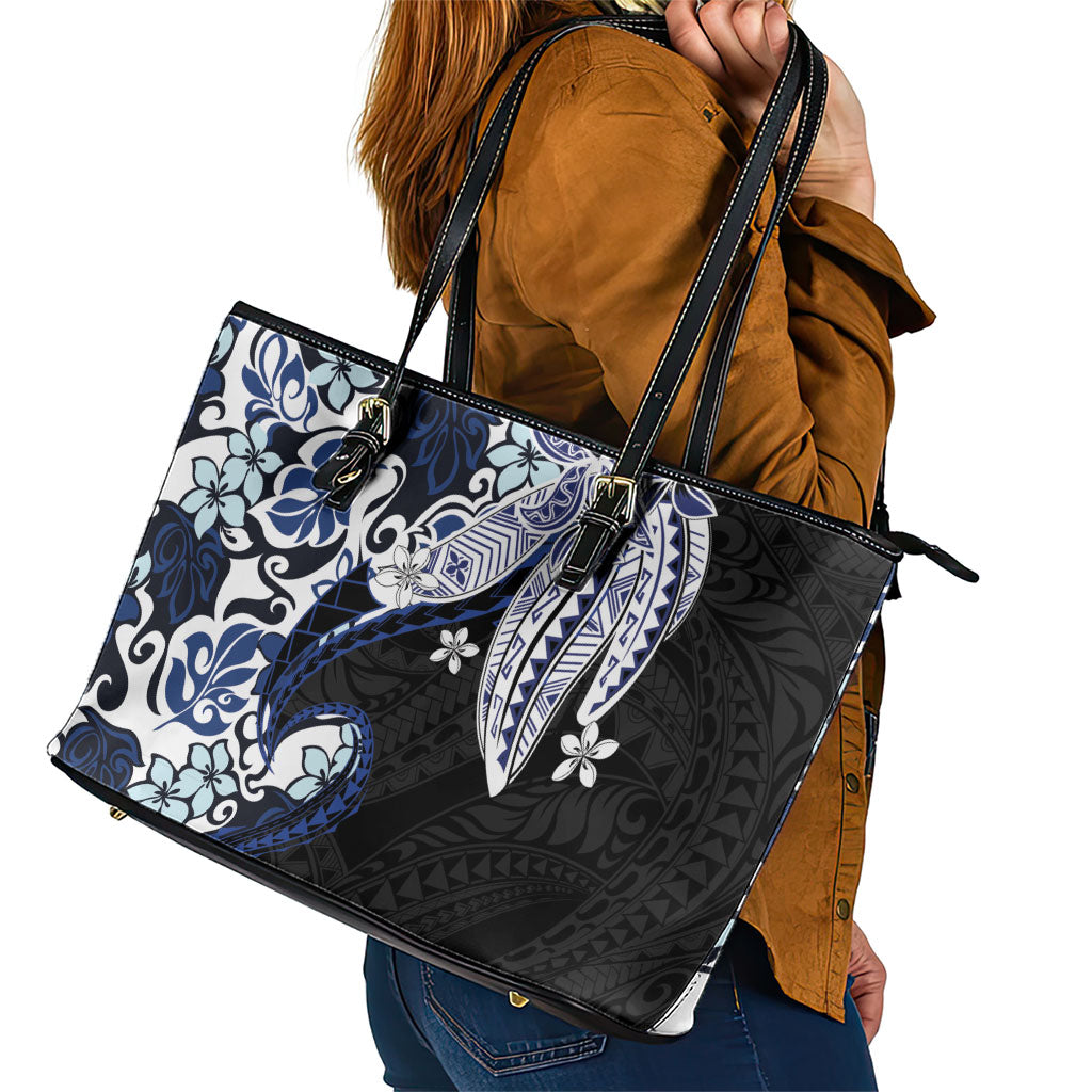 Monstera Plumeria Flowers Blue Leather Tote Bag Polynesian Pattern LT01 - Polynesian Pride