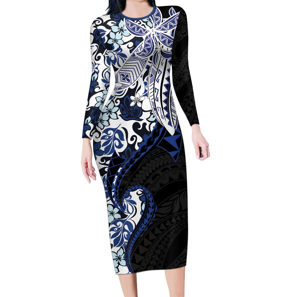 Monstera Plumeria Flowers Blue Long Sleeve Bodycon Dress Polynesian Pattern LT01 Long Dress Blue - Polynesian Pride