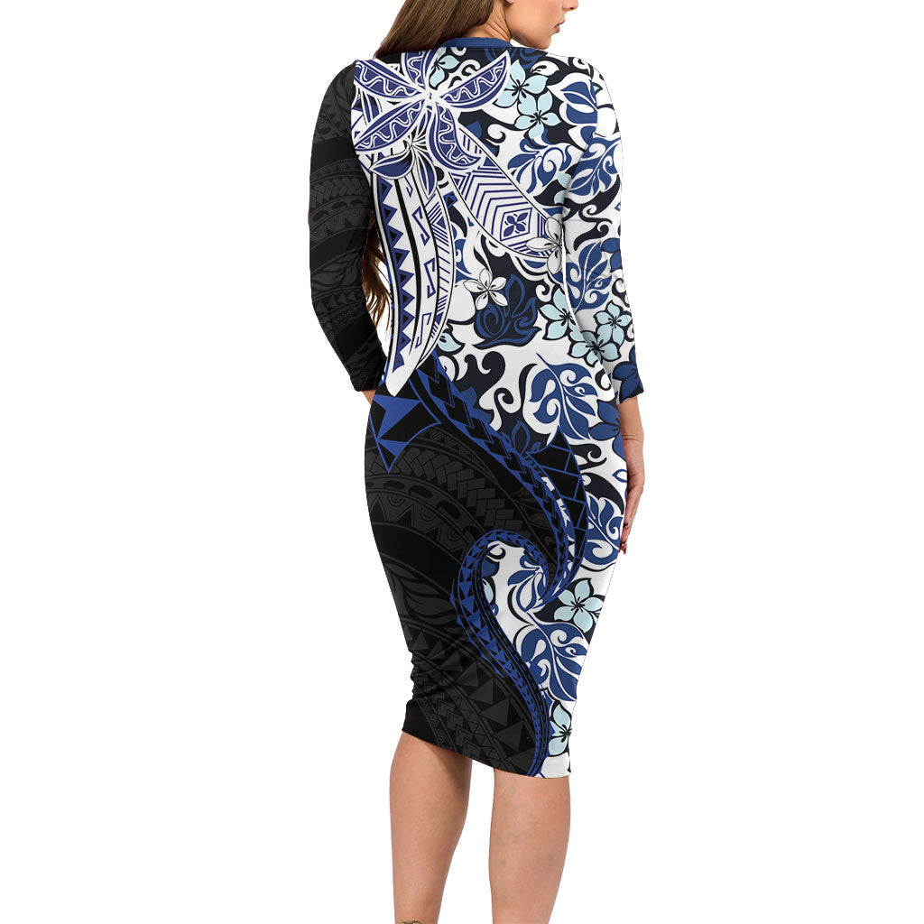 Monstera Plumeria Flowers Blue Long Sleeve Bodycon Dress Polynesian Pattern LT01 - Polynesian Pride