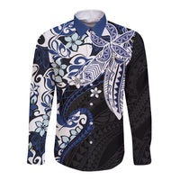 Monstera Plumeria Flowers Blue Long Sleeve Button Shirt Polynesian Pattern LT01 Unisex Blue - Polynesian Pride