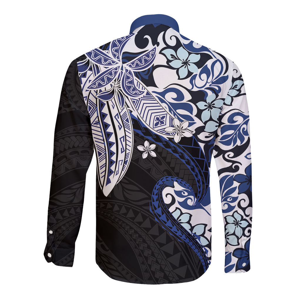 Monstera Plumeria Flowers Blue Long Sleeve Button Shirt Polynesian Pattern LT01 - Polynesian Pride