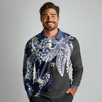 Monstera Plumeria Flowers Blue Long Sleeve Polo Shirt Polynesian Pattern LT01 - Polynesian Pride