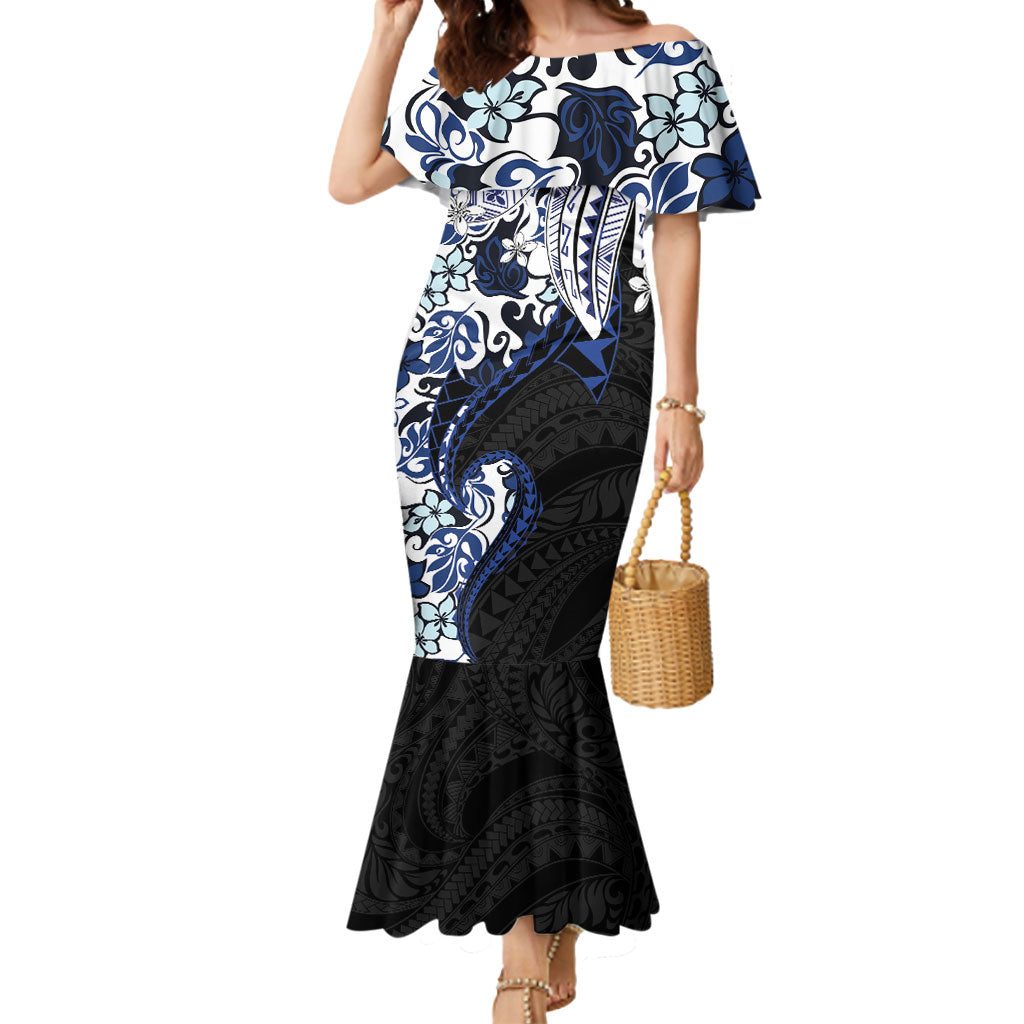 Monstera Plumeria Flowers Blue Mermaid Dress Polynesian Pattern LT01 Women Blue - Polynesian Pride