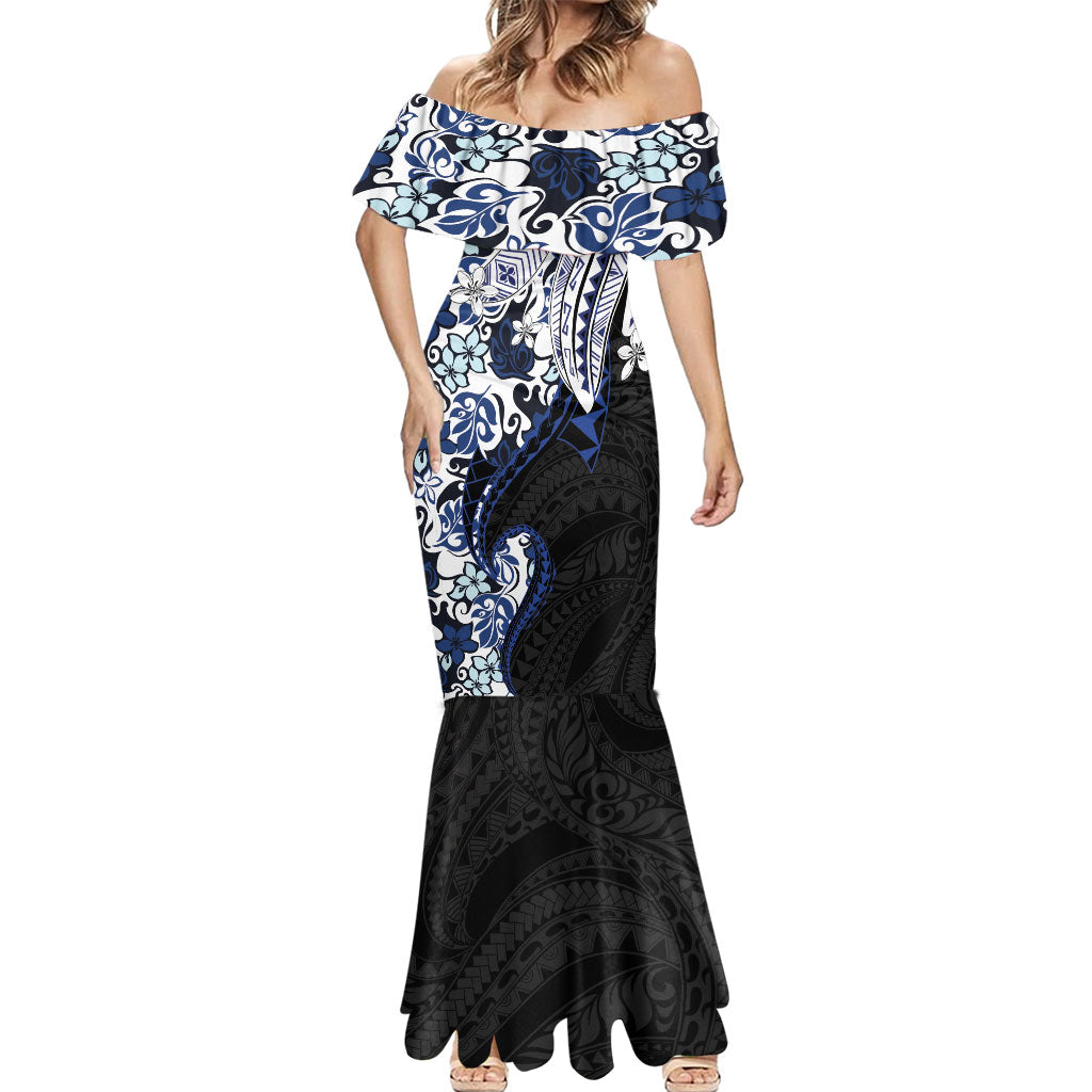 Monstera Plumeria Flowers Blue Mermaid Dress Polynesian Pattern LT01 - Polynesian Pride