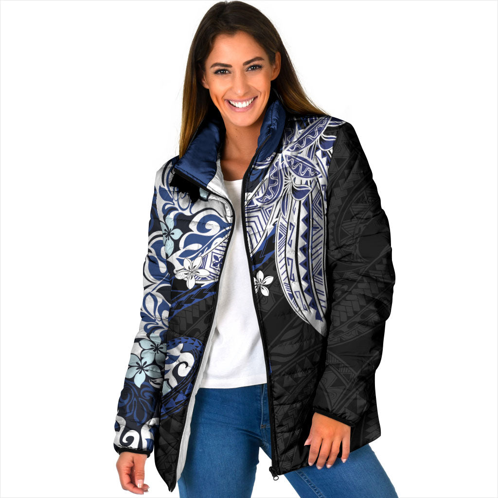 Monstera Plumeria Flowers Blue Padded Jacket Polynesian Pattern LT01 Women Blue - Polynesian Pride