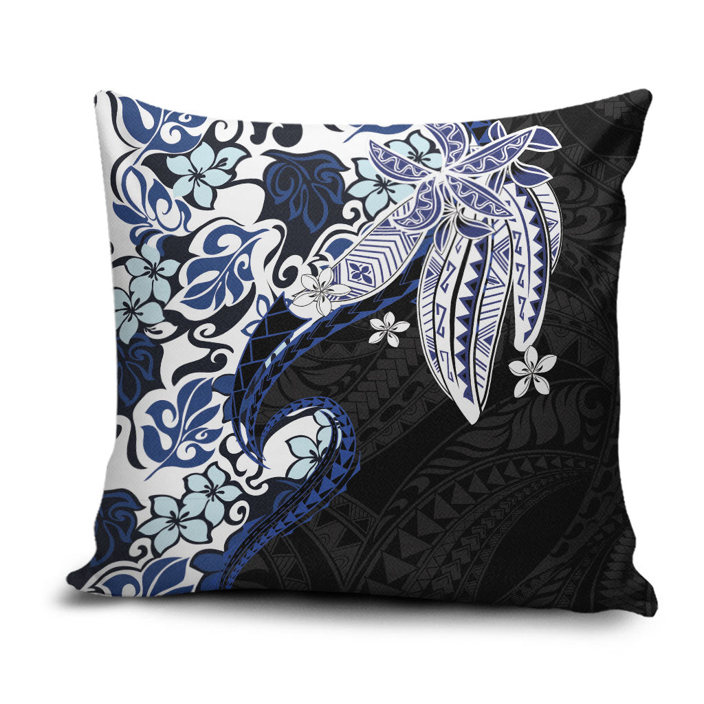 Monstera Plumeria Flowers Blue Pillow Cover Polynesian Pattern