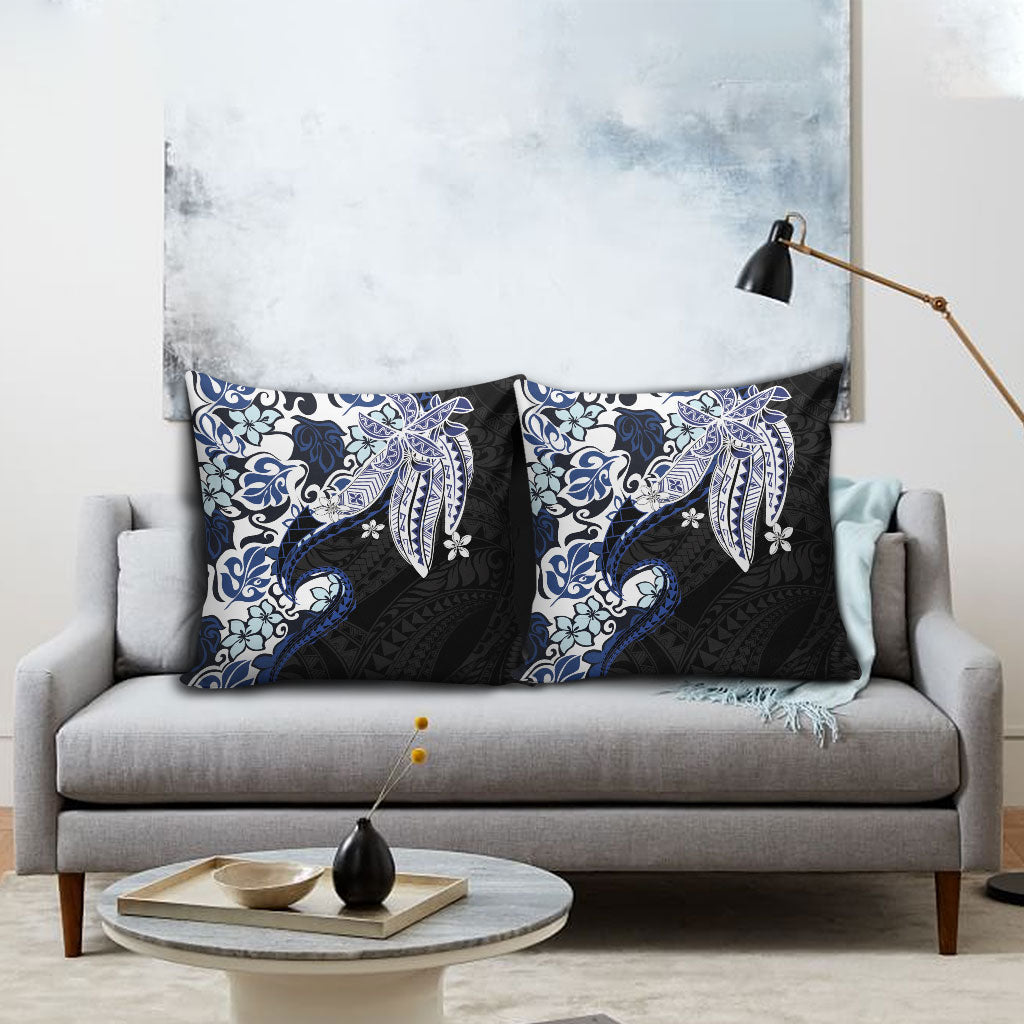 Monstera Plumeria Flowers Blue Pillow Cover Polynesian Pattern