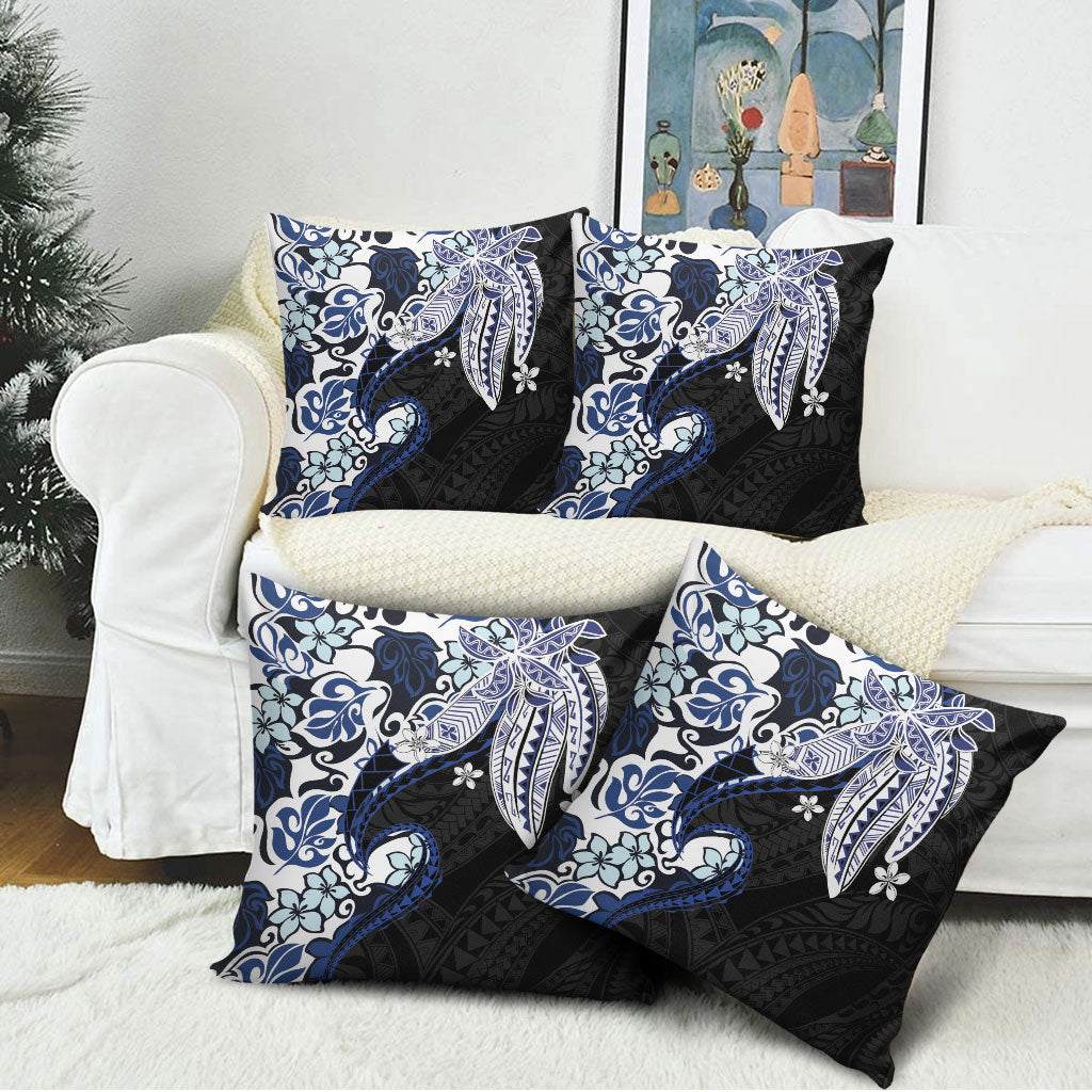 Monstera Plumeria Flowers Blue Pillow Cover Polynesian Pattern