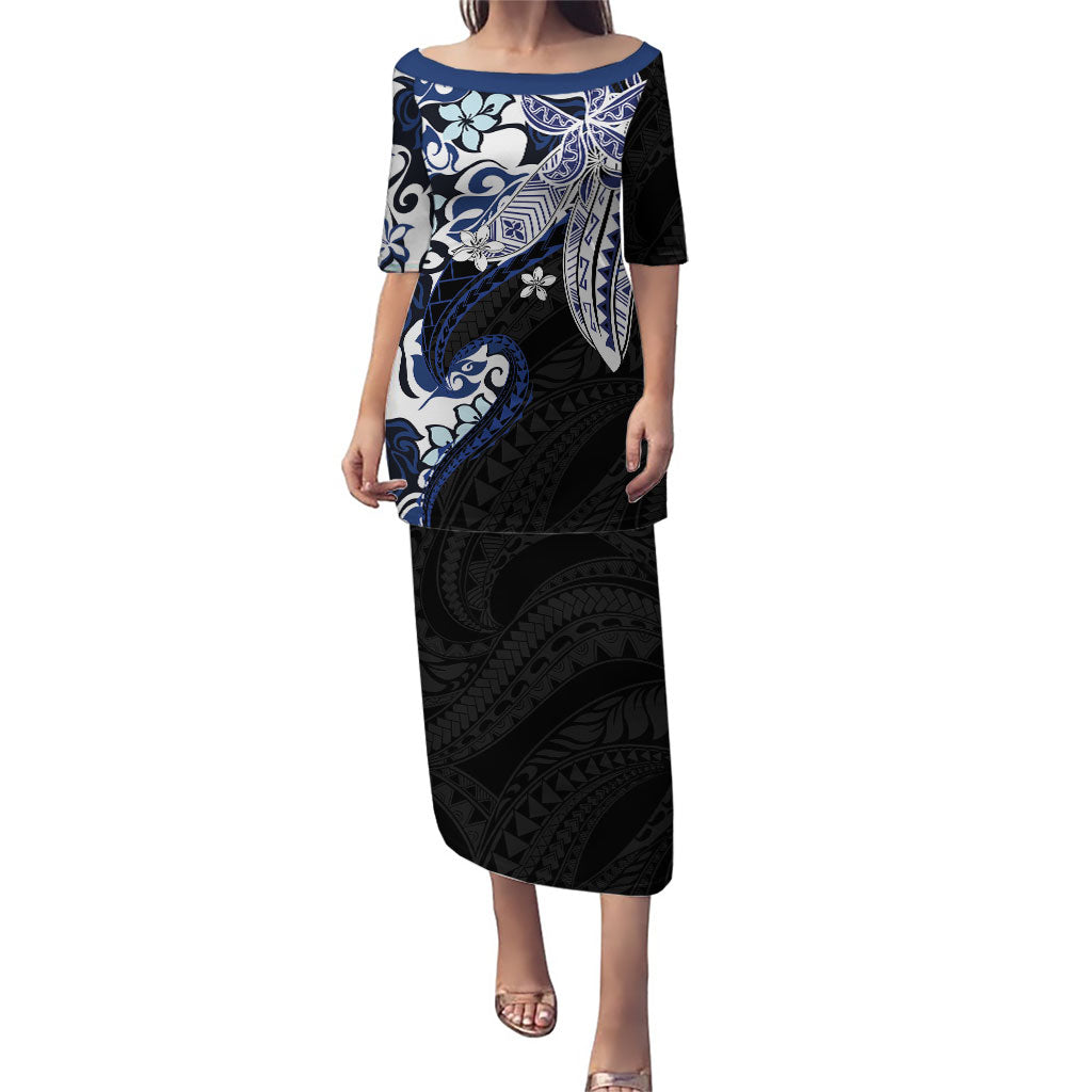 Monstera Plumeria Flowers Blue Puletasi Polynesian Pattern LT01 Long Dress Blue - Polynesian Pride