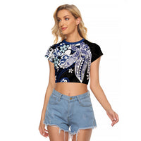 Monstera Plumeria Flowers Blue Raglan Cropped T Shirt Polynesian Pattern LT01 Female Blue - Polynesian Pride