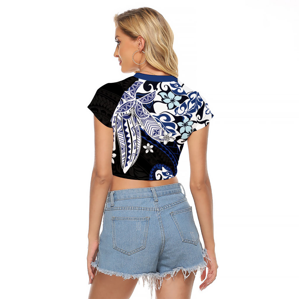Monstera Plumeria Flowers Blue Raglan Cropped T Shirt Polynesian Pattern LT01 - Polynesian Pride
