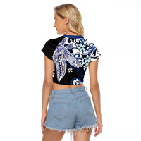 Monstera Plumeria Flowers Blue Raglan Cropped T Shirt Polynesian Pattern LT01 - Polynesian Pride