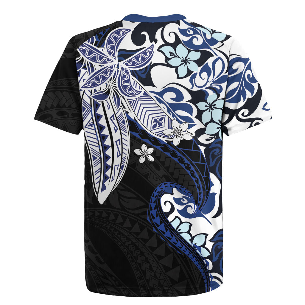 Monstera Plumeria Flowers Blue Rugby Jersey Polynesian Pattern LT01 - Polynesian Pride