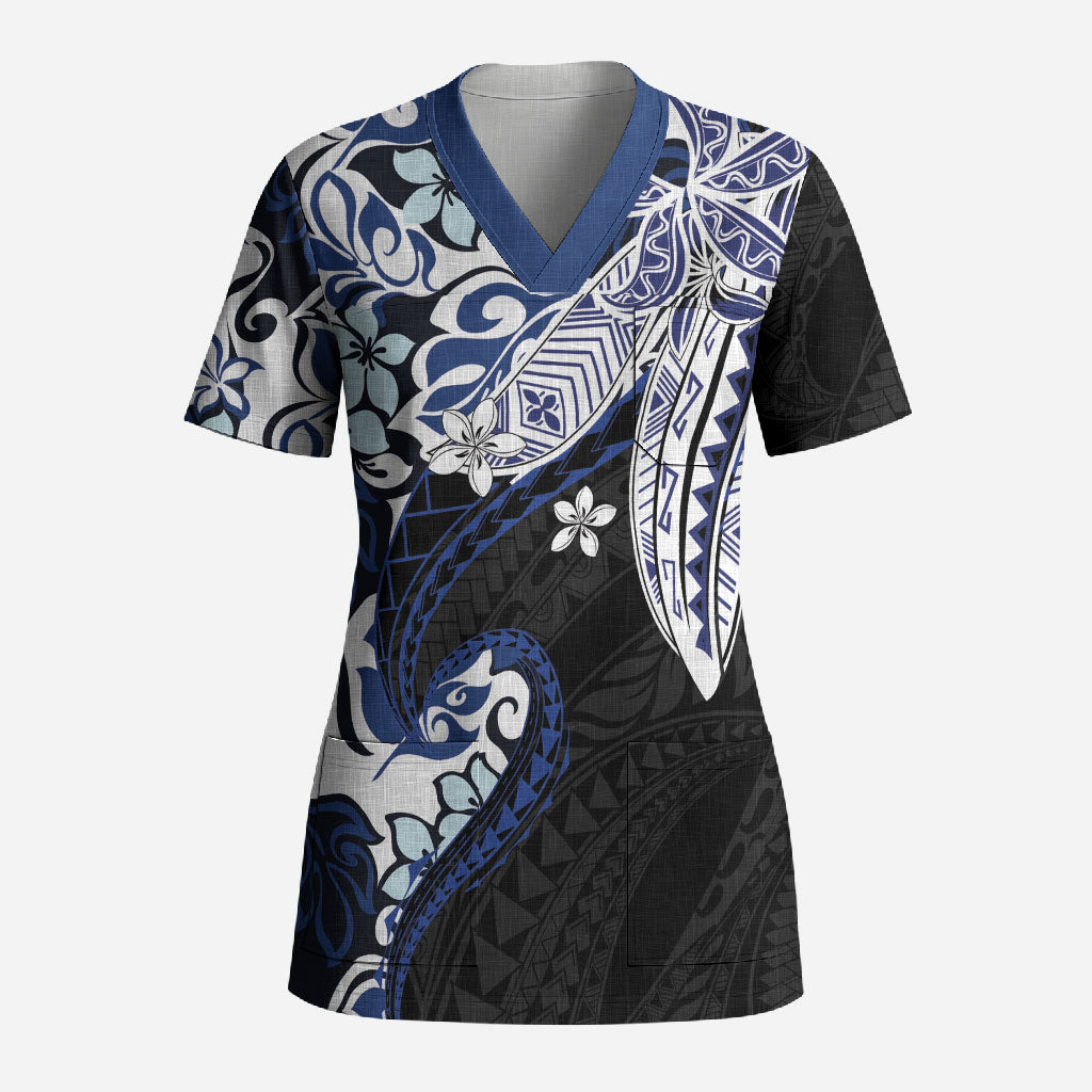 Monstera Plumeria Flowers Blue Scrub Top Polynesian Pattern LT01 Adult Blue - Polynesian Pride