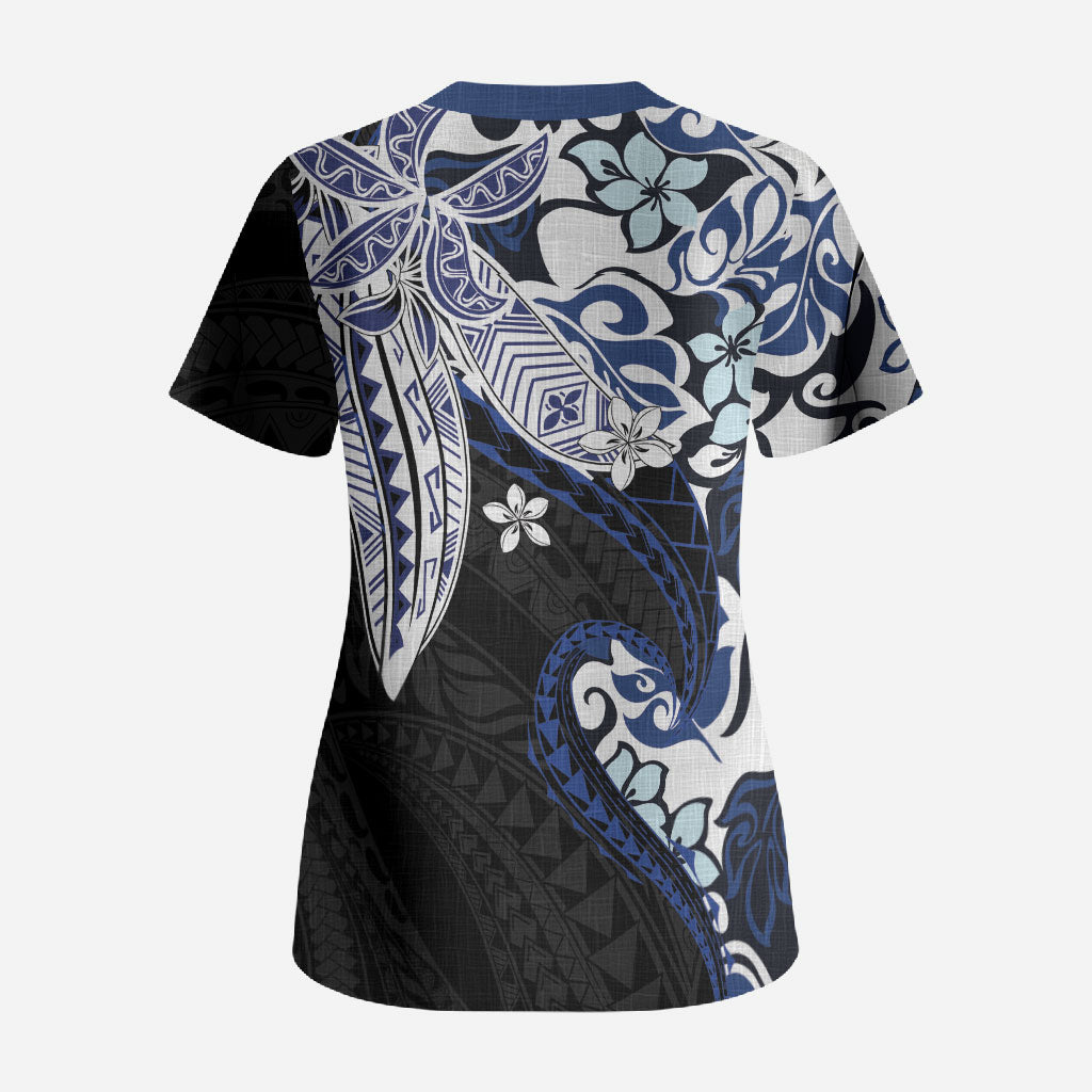 Monstera Plumeria Flowers Blue Scrub Top Polynesian Pattern LT01 - Polynesian Pride