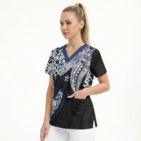 Monstera Plumeria Flowers Blue Scrub Top Polynesian Pattern LT01 - Polynesian Pride