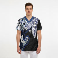 Monstera Plumeria Flowers Blue Scrub Top Polynesian Pattern LT01 - Polynesian Pride