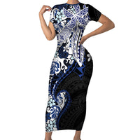 Monstera Plumeria Flowers Blue Short Sleeve Bodycon Dress Polynesian Pattern LT01 Long Dress Blue - Polynesian Pride