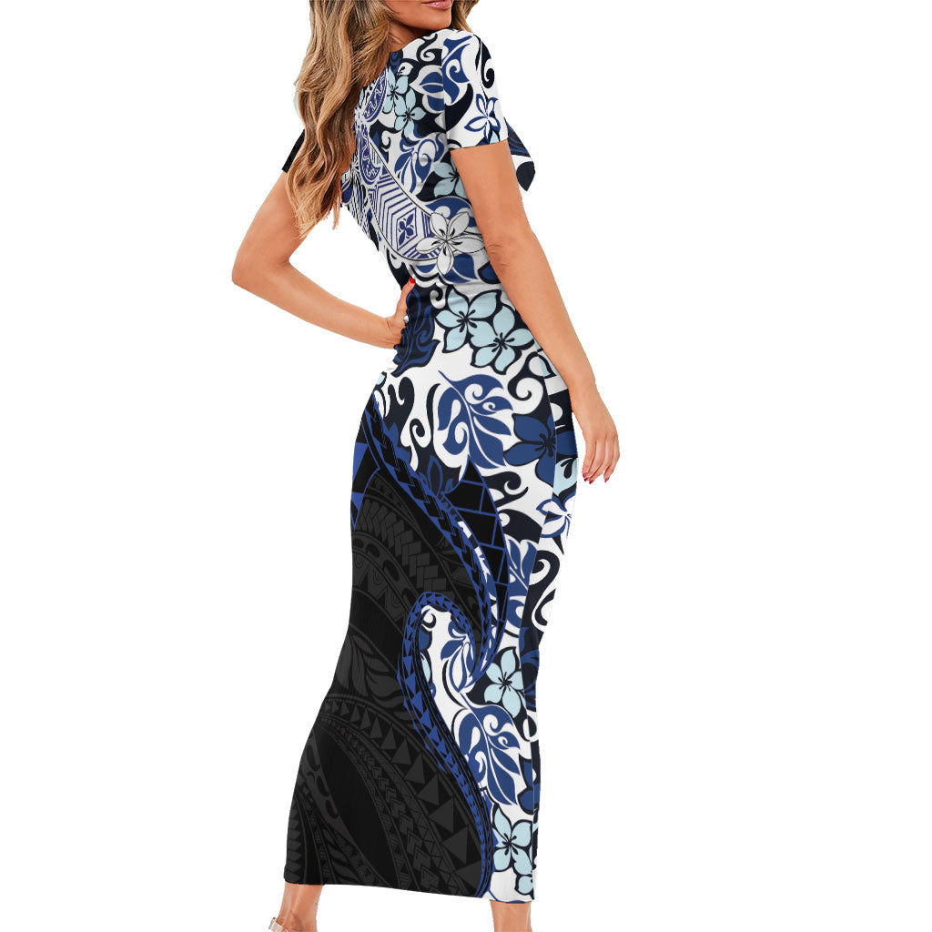 Monstera Plumeria Flowers Blue Short Sleeve Bodycon Dress Polynesian Pattern LT01 - Polynesian Pride