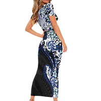 Monstera Plumeria Flowers Blue Short Sleeve Bodycon Dress Polynesian Pattern LT01 - Polynesian Pride