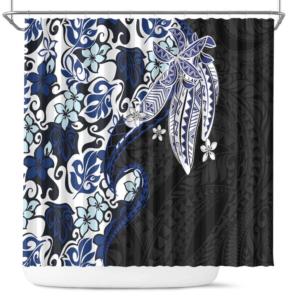Monstera Plumeria Flowers Blue Shower Curtain Polynesian Pattern