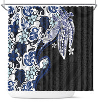 Monstera Plumeria Flowers Blue Shower Curtain Polynesian Pattern
