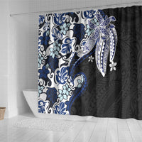 Monstera Plumeria Flowers Blue Shower Curtain Polynesian Pattern