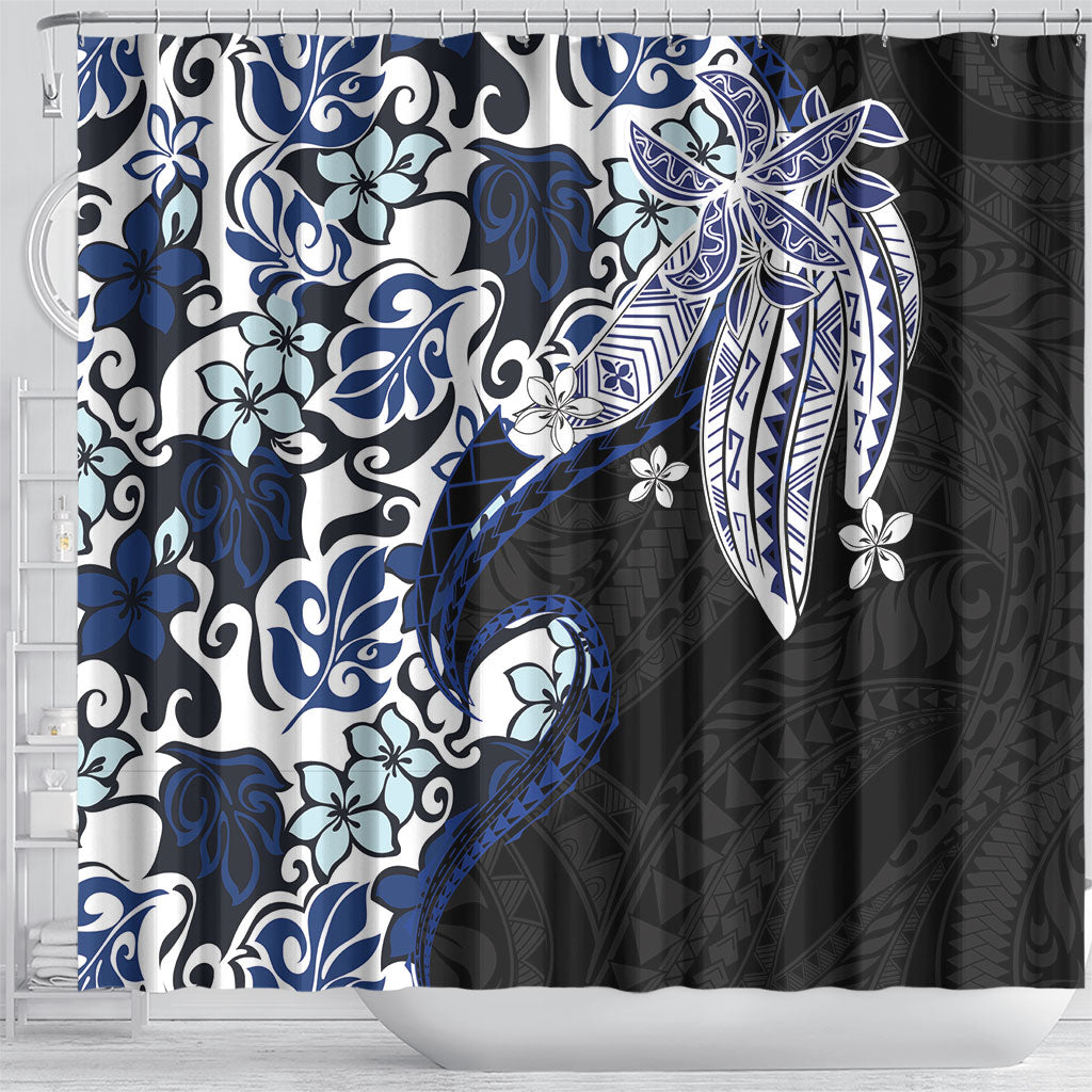 Monstera Plumeria Flowers Blue Shower Curtain Polynesian Pattern