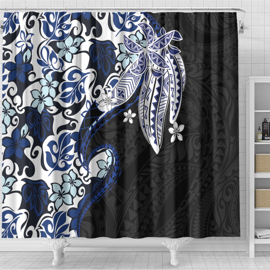Monstera Plumeria Flowers Blue Shower Curtain Polynesian Pattern