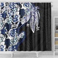 Monstera Plumeria Flowers Blue Shower Curtain Polynesian Pattern