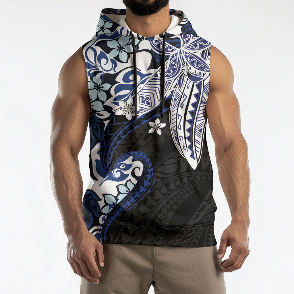 Monstera Plumeria Flowers Blue Sleeveless Hoodie Polynesian Pattern LT01 - Polynesian Pride