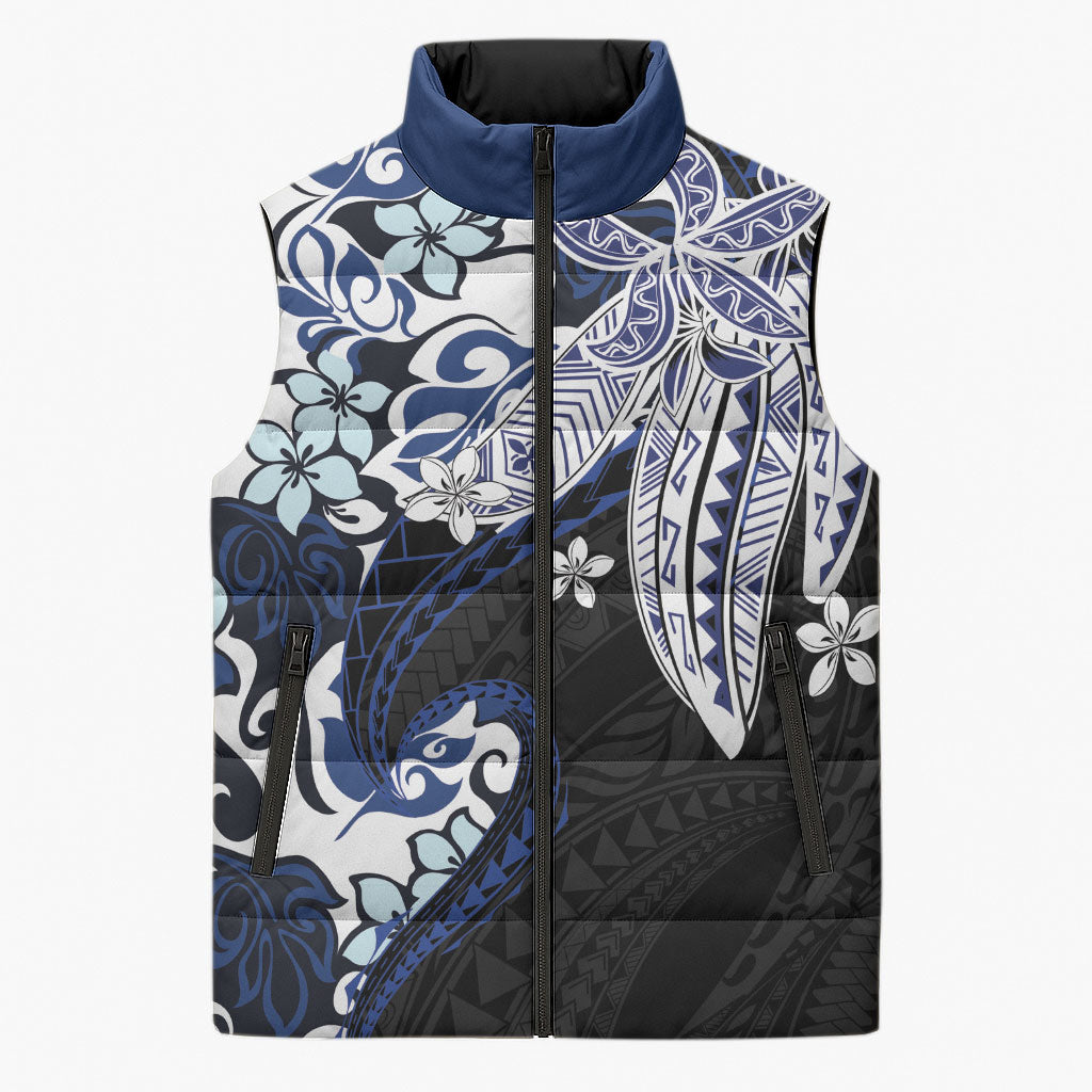 Monstera Plumeria Flowers Blue Sleeveless Puffer Jacket Polynesian Pattern LT01 Unisex Blue - Polynesian Pride