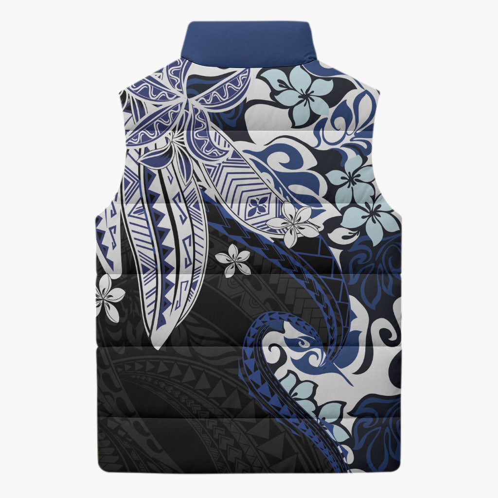 Monstera Plumeria Flowers Blue Sleeveless Puffer Jacket Polynesian Pattern LT01 - Polynesian Pride