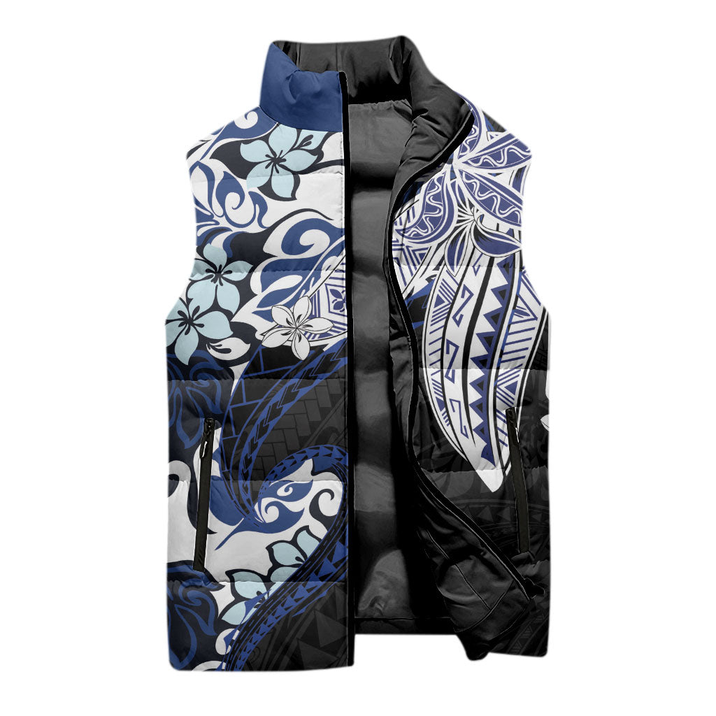 Monstera Plumeria Flowers Blue Sleeveless Puffer Jacket Polynesian Pattern LT01 - Polynesian Pride