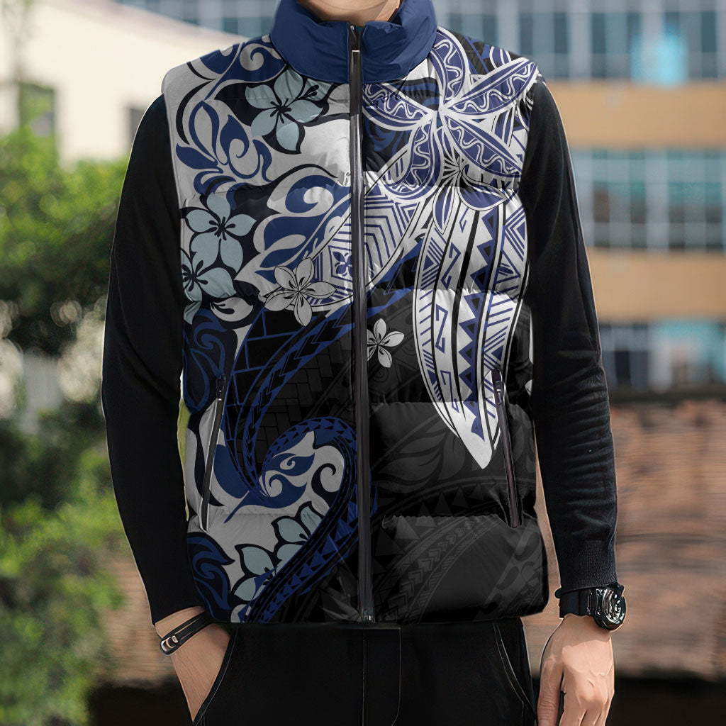 Monstera Plumeria Flowers Blue Sleeveless Puffer Jacket Polynesian Pattern LT01 - Polynesian Pride