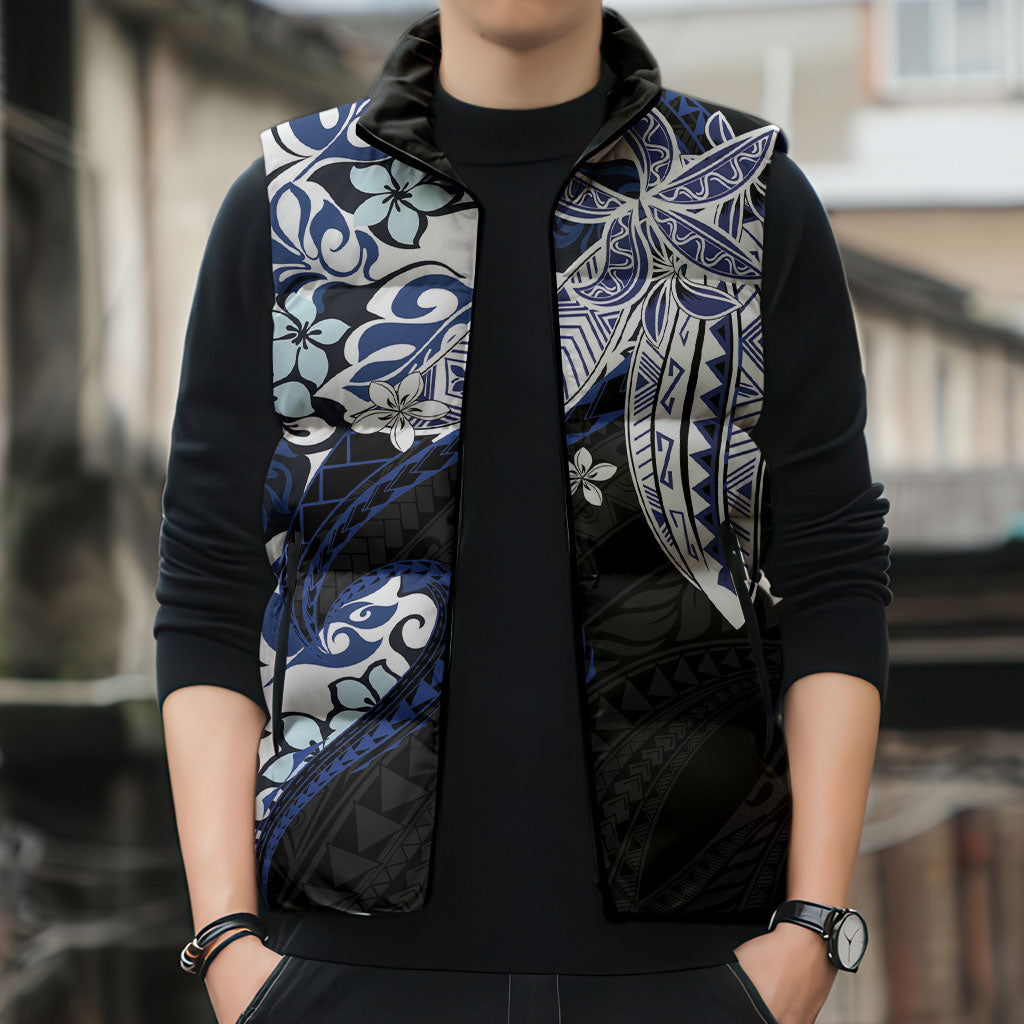 Monstera Plumeria Flowers Blue Sleeveless Puffer Jacket Polynesian Pattern LT01 - Polynesian Pride