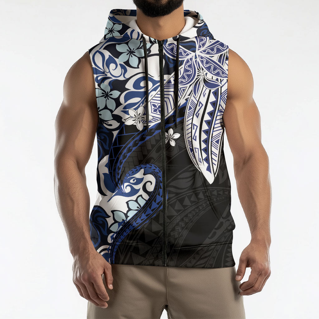 Monstera Plumeria Flowers Blue Sleeveless Zip Hoodie Polynesian Pattern LT01 - Polynesian Pride