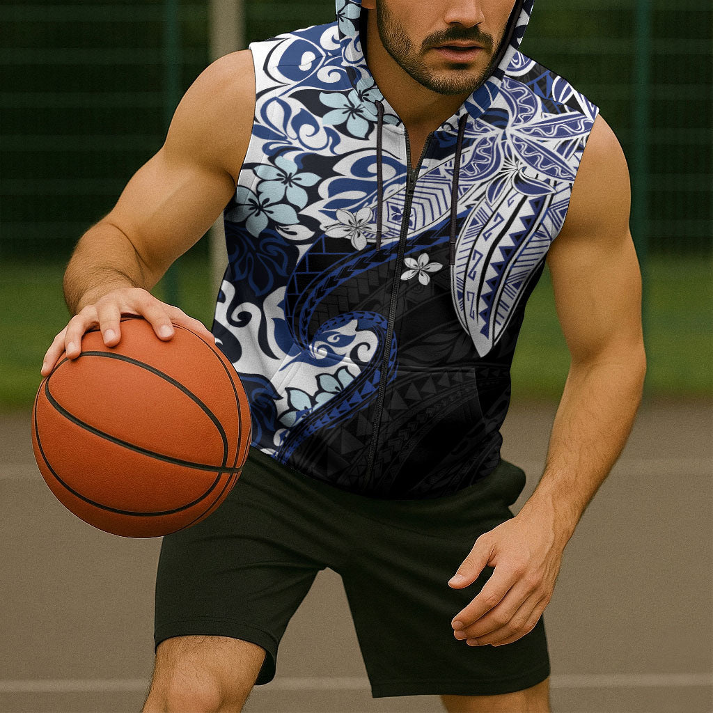 Monstera Plumeria Flowers Blue Sleeveless Zip Hoodie Polynesian Pattern LT01 - Polynesian Pride