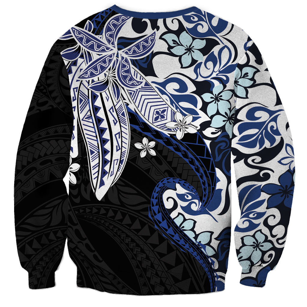 Monstera Plumeria Flowers Blue Sweatshirt Polynesian Pattern
