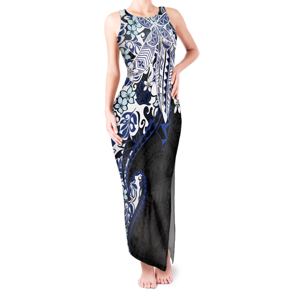 Monstera Plumeria Flowers Blue Tank Maxi Dress Polynesian Pattern LT01 Women Blue - Polynesian Pride
