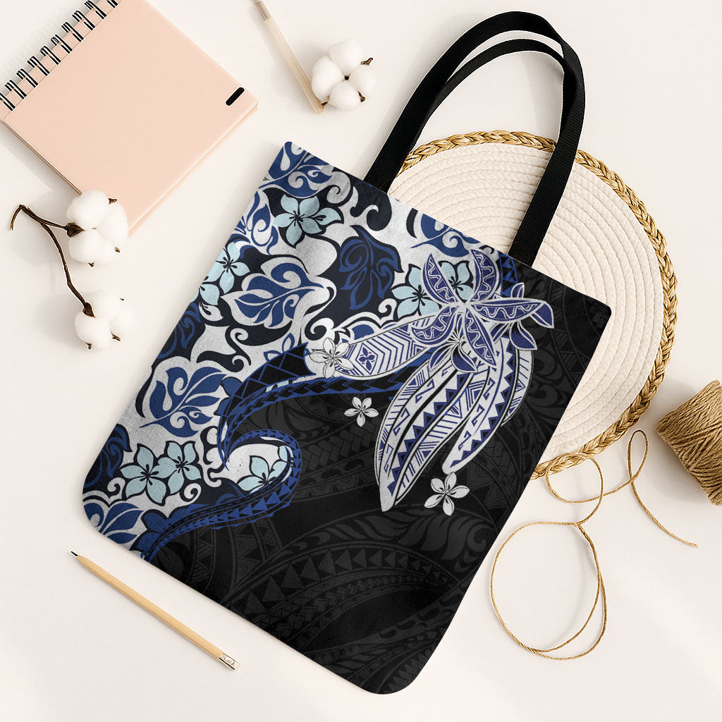 Monstera Plumeria Flowers Blue Tote Bag Polynesian Pattern LT01 Black Strap One Size Blue - Polynesian Pride