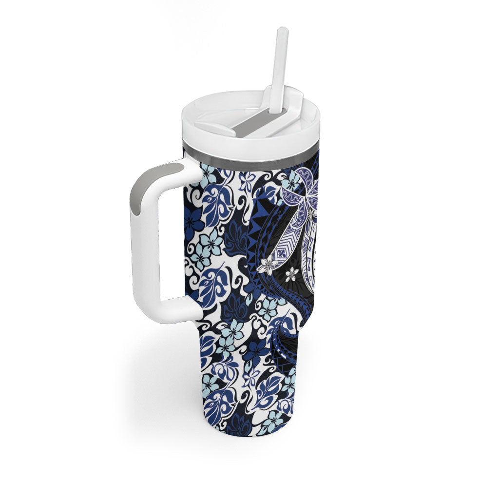 Monstera Plumeria Flowers Blue Tumbler With Handle Polynesian Pattern LT01 - Polynesian Pride