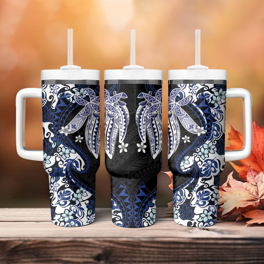 Monstera Plumeria Flowers Blue Tumbler With Handle Polynesian Pattern LT01 - Polynesian Pride