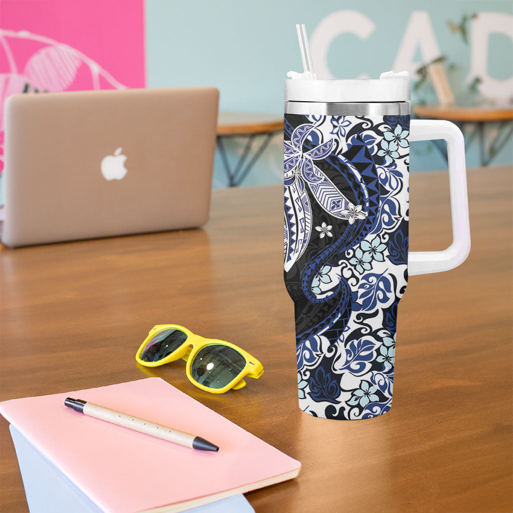 Monstera Plumeria Flowers Blue Tumbler With Handle Polynesian Pattern LT01 - Polynesian Pride