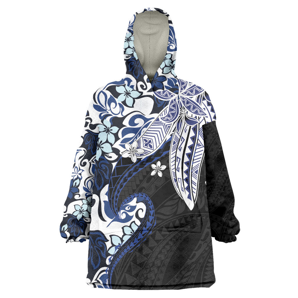 Monstera Plumeria Flowers Blue Wearable Blanket Hoodie Polynesian Pattern LT01 One Size Blue - Polynesian Pride