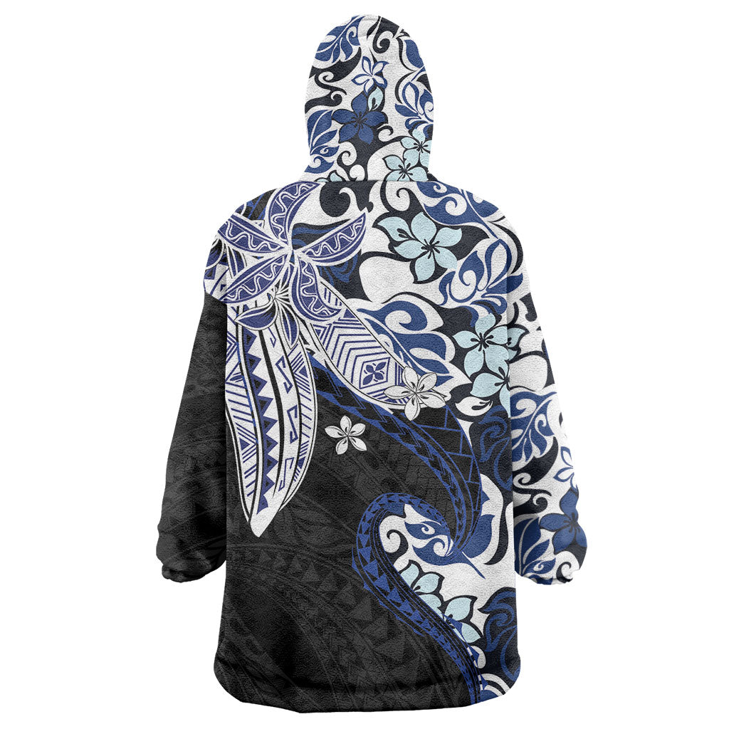 Monstera Plumeria Flowers Blue Wearable Blanket Hoodie Polynesian Pattern LT01 - Polynesian Pride