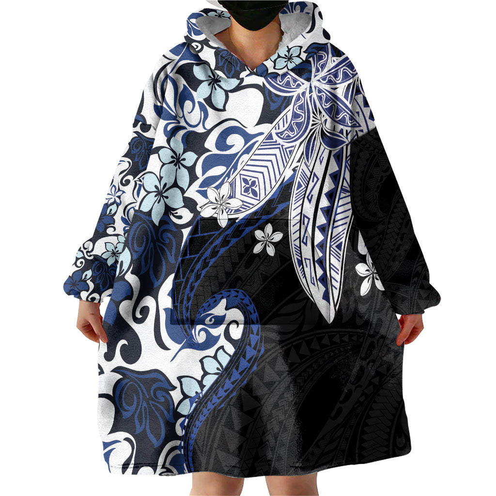 Monstera Plumeria Flowers Blue Wearable Blanket Hoodie Polynesian Pattern LT01 - Polynesian Pride