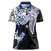 Monstera Plumeria Flowers Blue Women Polo Shirt Polynesian Pattern