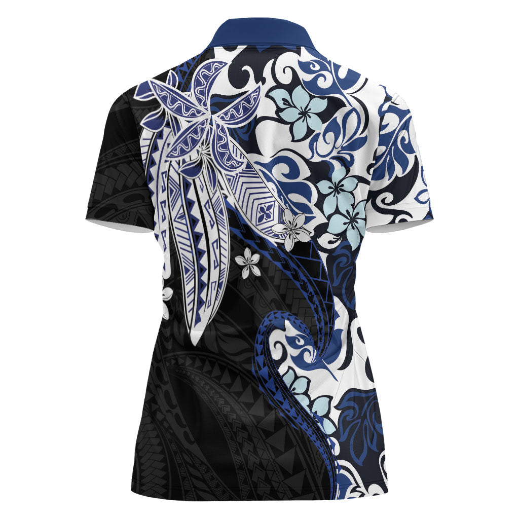 Monstera Plumeria Flowers Blue Women Polo Shirt Polynesian Pattern