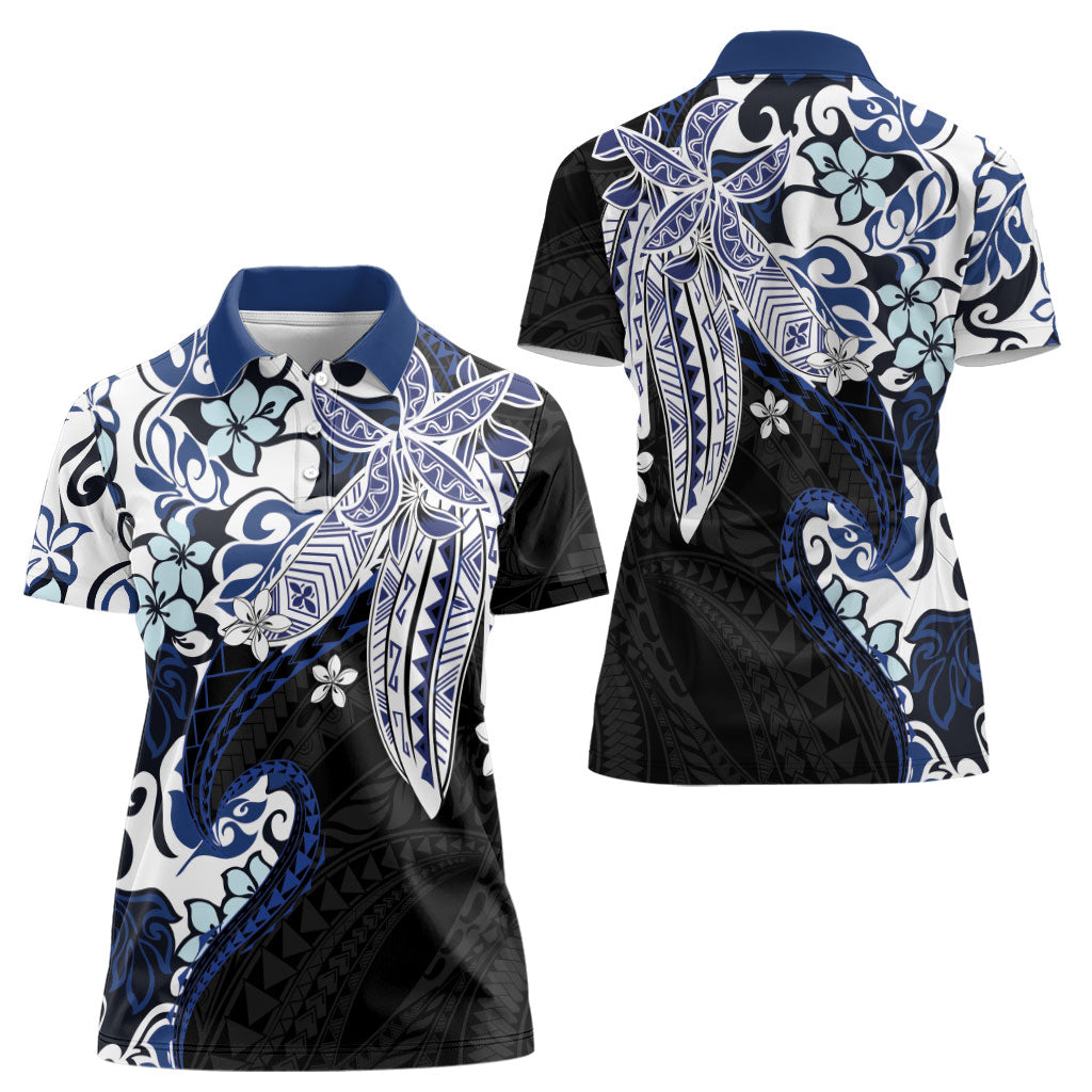 Monstera Plumeria Flowers Blue Women Polo Shirt Polynesian Pattern